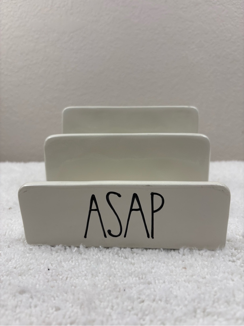 Rae Dunn by Magenta Ceramic Letter Organizer in Ivory with “ASAP” Written on it.